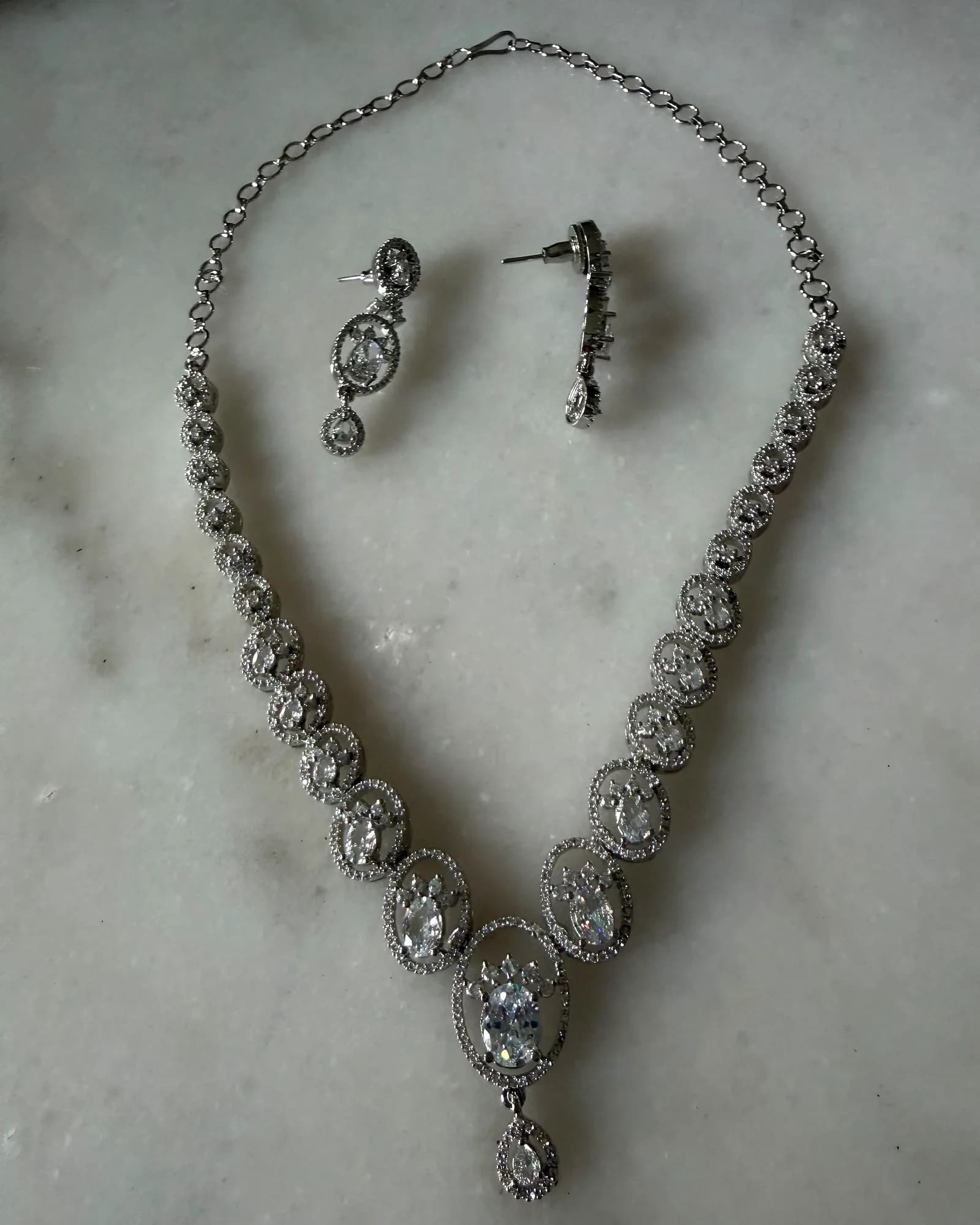 Silver Oval CZ Necklace Set